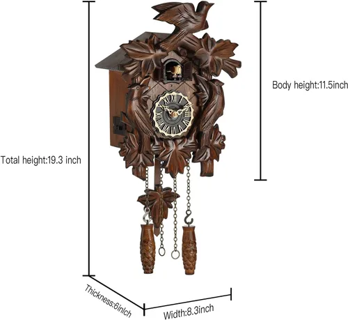 Vista 2 de Kintrot – Reloj de cuco, reloj de pared artesanal de madera de bosque negro tradicional con péndulo de hoja de arce, cuarzo, 12 melodías, sensor