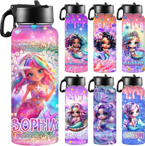 Vista 32 de Botellas de agua personalizadas para niñas, de acero inoxidable con aislamiento de doble pared con pajita, botella de agua de color degradado