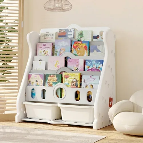 Vista 10 de Estantería infantil y almacenamiento de juguetes para niños pequeños, estantería blanca de 4 niveles para dormitorio/guardería/aula, estantería