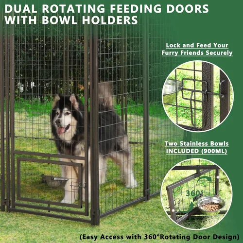 Vista 4 de MUPATER Perrera para perros al aire libre, 10 x 10 pies, casa grande para perros con techo y puerta con cerradura, recinto resistente para perros