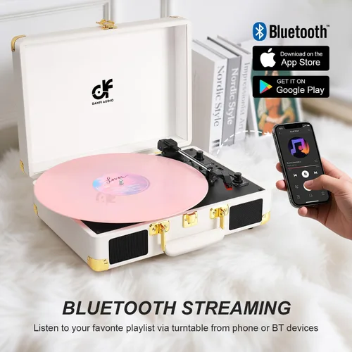 Vista 2 de Tocadiscos de vinilo Bluetooth, tocadiscos portátil vintage de 3 velocidades con 2 altavoces integrados, grabación USB, tocadiscos
