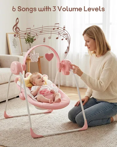 Vista 3 de Columpios de bebé para bebés, columpio para recién nacido, columpio portátil para bebés con música, velocidad adaptable, temporizador, cojín suave