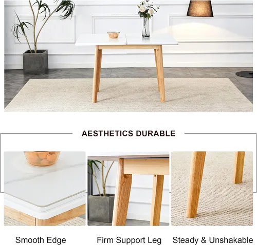 Vista 6 de Mesa de piedra sinterizada blanca con patas de madera de goma, escritorio plegable para computadora, escritorio de oficina plegable, adecuado
