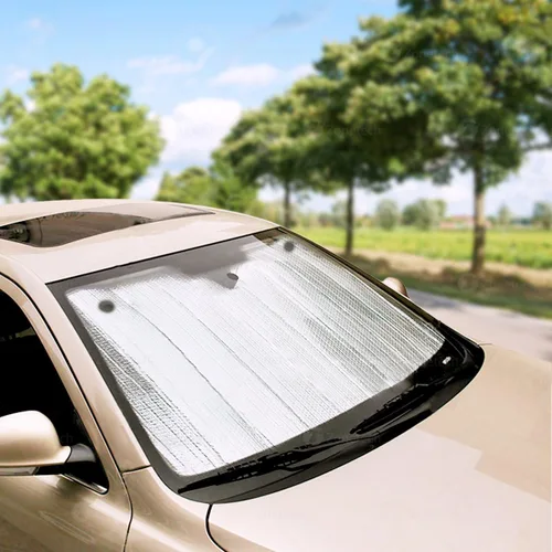 Vista 2 de ZONETECH Parasol plegable plateado para automóvil, protector solar reflectante metálico de acordeón de alta calidad