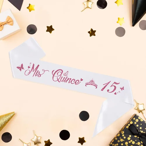 Vista 4 de Mis Quince 15 - Faja de quinceañera, decoraciones de fiesta de cumpleaños de 15 años, regalos de cumpleaños de 15 años, banda de feliz cumpleaños