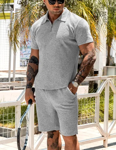 Vista 2 de URRU Conjunto de camisa polo y pantalones cortos para hombre, trajes de verano a la moda, casual, de manga corta, traje de polo para hombre