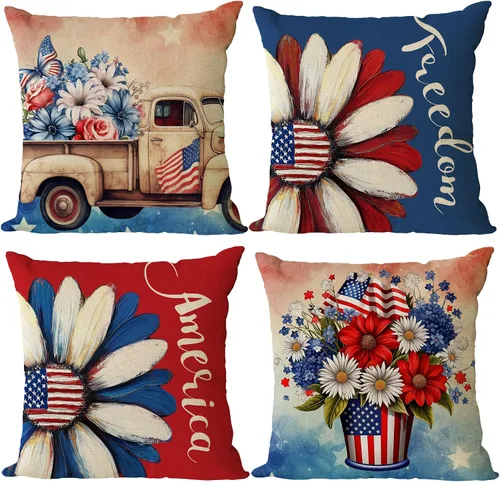 Vista 8 de YeeJu Juego de 4 fundas de almohada patrióticas de 12 x 12 pulgadas, fundas de almohada para el 4 de julio, fundas de almohada para decoración