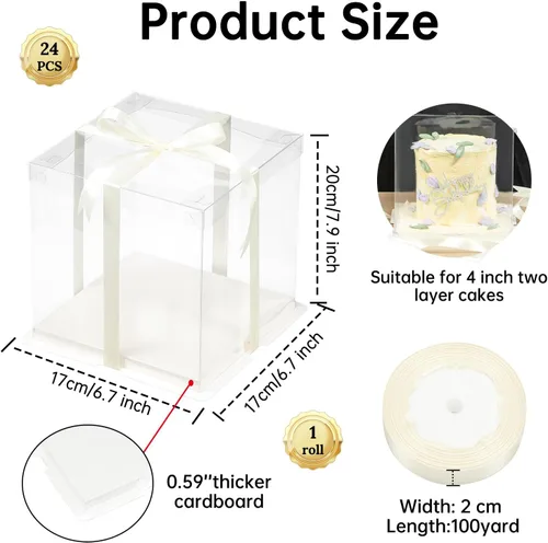 Vista 2 de 24 cajas de regalo transparentes con cinta de 2 capas de 6.7 x 6.7 x 7.8 pulgadas, caja transparente para tartas con tapas, cajas de embalaje