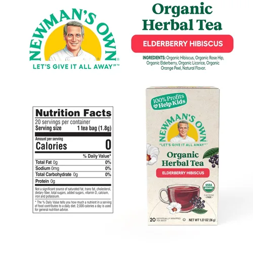 Vista 2 de Newman's Own Té orgánico de hibisco de saúco que contiene antioxidantes saludables con 20 bolsas de té envueltas individualmente por caja