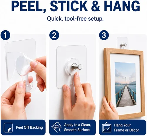 Vista 5 de Perchas para cuadros sin clavos, perchas de pared sin uñas, 20 unidades de ganchos de pared adhesivos para colgar con impermeable y a prueba