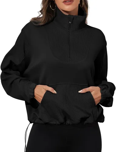 Vista 2 de kayamiya Sudadera corta con cremallera y cuello alto y cordón ajustable para mujer, con bolsillos