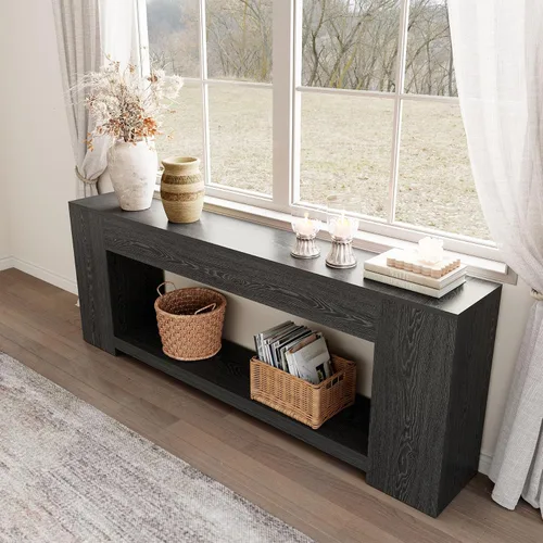 Vista 7 de Epecoya Mesa consola extra larga para entrada, color negro, mesa de entrada de 86 pulgadas con estantes de almacenamiento, mesa moderna de 2 niveles