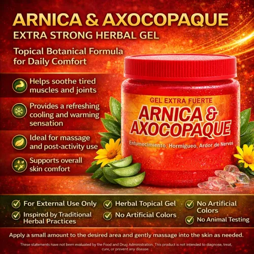 Vista 3 de Arnica + Axocopaque Flores Gel Pomada 4.23 onzas, gel tópico de árnica natural para músculos y articulaciones, gel de masaje botánico de absorción