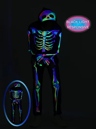 Vista 4 de Seasons Disfraz de esqueleto arcoíris con capucha para hombre, sensible a la luz negra, disfraz de cosplay de Halloween