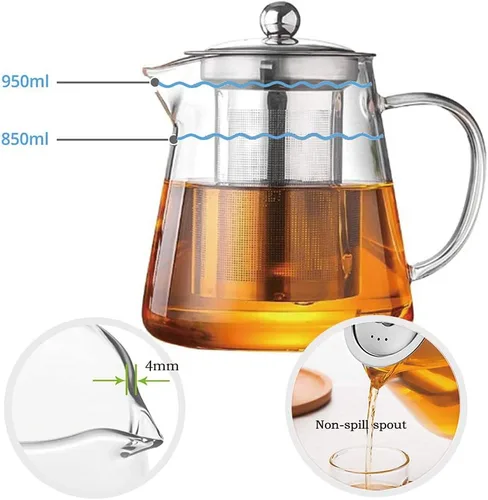 Vista 4 de Tetera de vidrio con infusor Tetera de 32 oz/43 oz Hervidor de té seguro para estufa Juego de tetera para té floreciente y de hojas sueltas