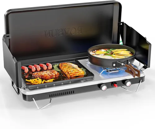 Vista 10 de ROVSUN Estufa de camping portátil de 2 quemadores con encendedor, estufa de campamento de propano de 20000 BTU con adaptador, mango integrado