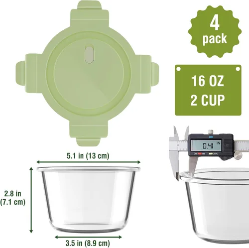 Vista 3 de 16 onzas Recipientes de vidrio para preparar comidas, recipientes herméticos de vidrio de 2 tazas con tapas, recipientes de sopa de vidrio