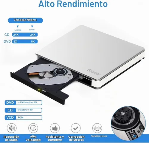 Vista 4 de Guamar Unidad de CD externa para Mac: Reproductor de quemador de DVD portátil para PC portátil con Windows 11 con ranura SD/TF 2 puertos USB - USB-C