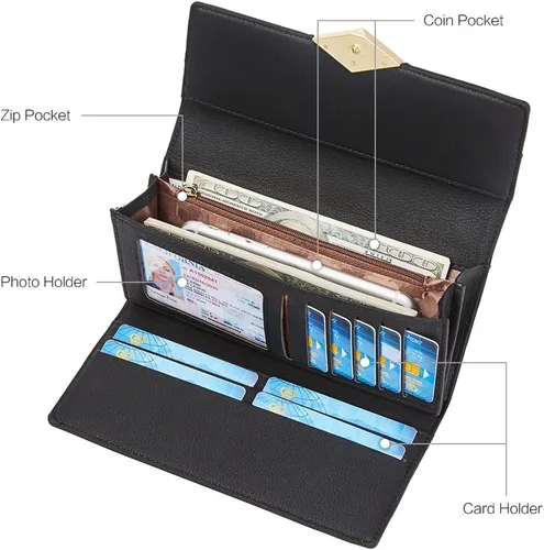 Vista 4 de Cartera de cuero suave para mujer, con tres pliegues y organizador de tarjetas