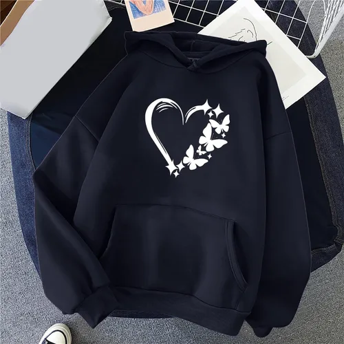 Vista 2 de SHENGXINY Sudadera con capucha para mujer, casual, con estampado de corazón, manga larga, holgada, ligera, atlética