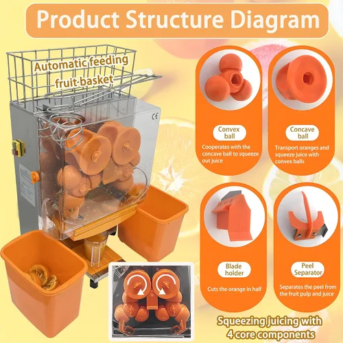 Vista 7 de Máquina exprimidora naranja comercial de 110 V, extractor automático de acero inoxidable naranja con engranajes de acero, 2 cáscaras que recogen