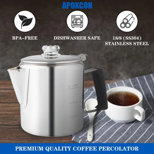 Vista 9 de Cafetera Percoladora Multiuso de Acero Inoxidable para Estufa con Dos Perillas de Vidrio Borosilicato Resistente Mango de Sílice Cafetera