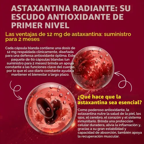 Vista 5 de BEWORD Astaxantina 12 mg con aceite MCT, 60/120 cápsulas blandas, suministro para 2 meses Suplementos antioxidantes premium Microalgas