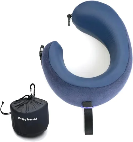 Vista 13 de C CUSHION LAB Almohada de viaje, galardonado diseño ergonómico patentado para mentón y cuello, almohada de espuma viscoelástica para el cuello Azul