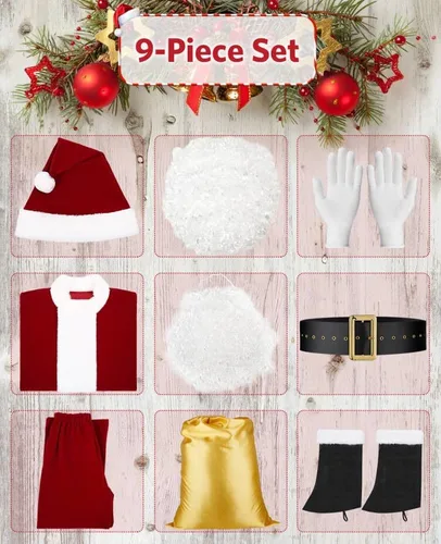 Vista 4 de Mayper Disfraz de Papá Noel para hombre, 9 piezas, traje de Papá Noel adulto de lujo para hombres, traje de terciopelo de Papá Noel, disfraz de Papá