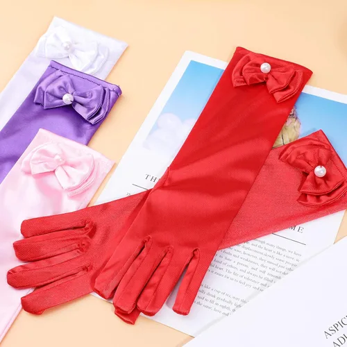 Vista 5 de HIFOT Guantes de vestir para niña, 6 pares, guantes largos de satén sedoso con lazo para niños, fiesta de princesa, boda, concurso formal, edades