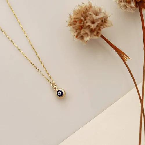 Vista 4 de Collar de oro macizo de 14 quilates de ojo malvado azul Collares Hamsa de oro amarillo de 14 quilates para mujer Collar con colgante de bola