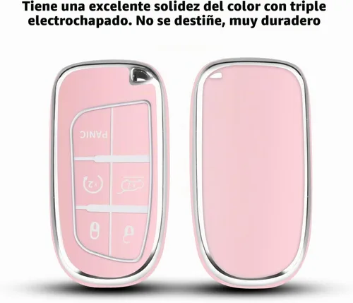 Vista 3 de QBUC Funda para llavero de Jeep con llavero de cuero TPU funda de protección compatible con llave inteligente Grand Cherokee Renegade (rosa)