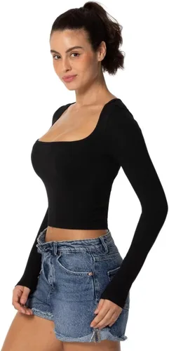Vista 5 de Sunzel Camiseta corta de manga larga para mujer, con cuello cuadrado ancho, sexy, sin costuras, moderna, para entrenamiento, yoga, casual
