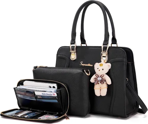 Vista 17 de Soperwillton Monederos para mujer, bolso cruzado de hombro, asa superior, bolsa de mano, cartera, juego de 3 piezas beige/marrón