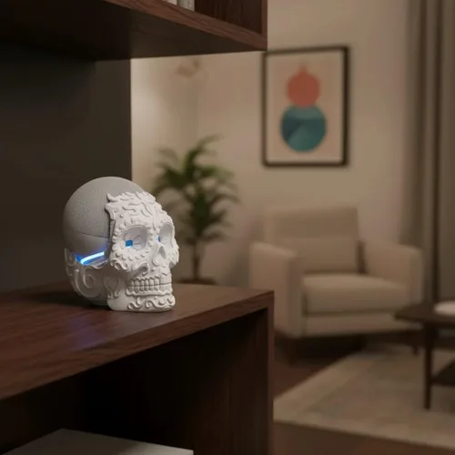 Vista 5 de impremli Base para Alexa Echo Dot 4G y 5G tipo calavera ornamental (blanco granito)