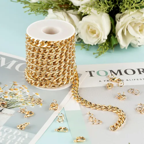 Vista 5 de YOUBEIYEE Cadena chapada en oro de 16.4 pulgadas para hacer joyas, cadena de eslabones de aluminio, collar, pulsera, suministros de joyería con 2.4
