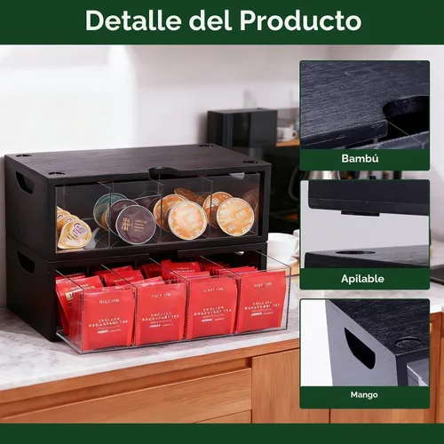 Vista 9 de Organizador apilable de bambú para bolsitas de té, juego de cajas de gran Negro