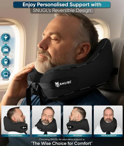Vista 3 de SNUGL Almohada de viaje – Almohada cervical de avión, almohadas de viaje para aviones, almohadas cervicales de espuma viscoelástica – Esenciales
