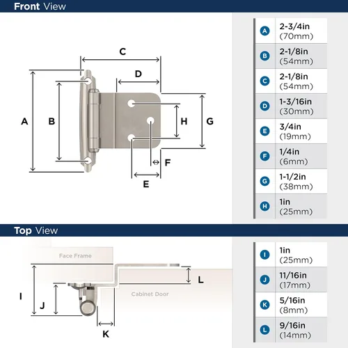 Vista 3 de Amerock Bisagra para gabinete Inserción de 3/8 pulgadas (10 mm) Níquel satinado 2 unidades Cierre automático Montaje frontal Puerta