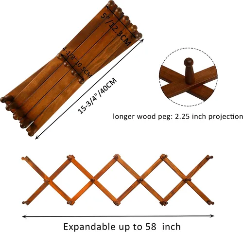 Vista 2 de WEBI Acordeón Colgador de Pared, Perchero de Sombreros Expandible de Madera para Perchero de Pared, Soporte de Ganchos de Sombrero de Acordeón