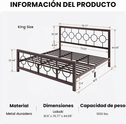 Vista 2 de SHA CERLIN Marco de cama de metal tamaño King con cabecera y pie de cama de diseño circular vintage, no requiere somier, fácil montaje, sin ruido