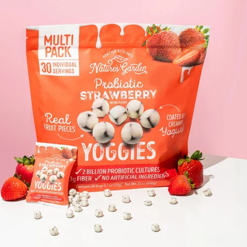 Vista 7 de Nature’s Garden Yoggies probióticos con sabor a fresa 21 oz (30 x 0.7 oz) Paquete de 2 - Bocados de fruta cubierta de yogur de fresa, alta en fibra