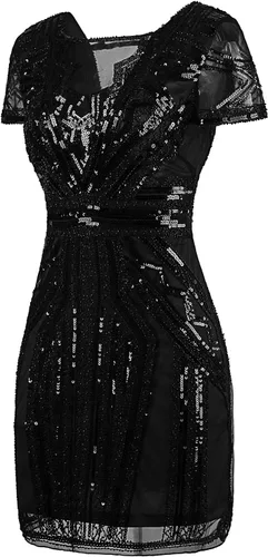 Vista 2 de Vijiv - Vestido corto de graduación con escote y lentejuelas inspirado en vestidos antiguos de 1920