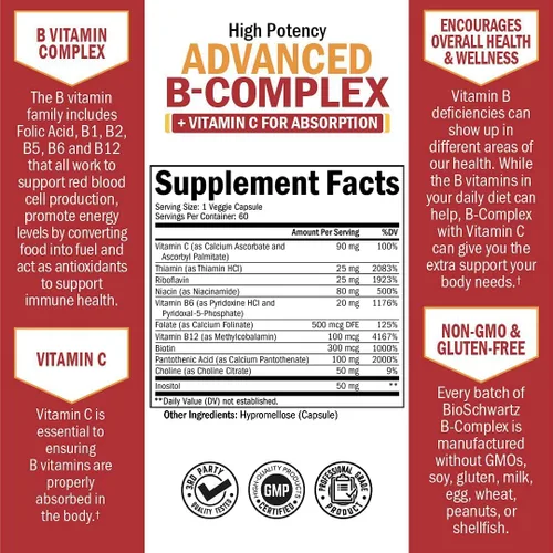 Vista 5 de Complejo de vitamina B con vitamina C para una máxima absorción – Metilcobalamina b12 y folato ácido fólico suplemento – Vitaminas B1 B2 B3 B5 B6 B7