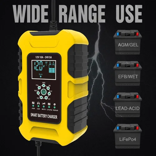Vista 3 de Cargador rápido de batería de coche de 12 V/24 V y 10 amperios para baterías húmedas/GEL/SLA/LiFePO4/plomo-ácido/AGM, cargador de batería