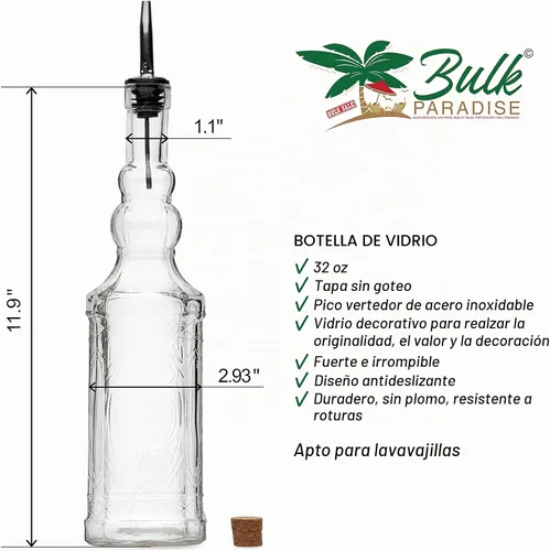 Vista 2 de BULK PARADISE Botella de vidrio decorativa transparente grande con boquilla y corcho, 32 onzas, 1 botella - Diseño: COGNAC (3 x 11.9 pulgadas)