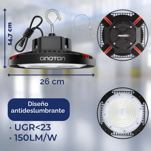Vista 4 de CINOTON Luz LED UFO de Bahía Alta de 100W, Luces LED de Aluminio para Tienda con 15000LM, Iluminación de Bahía Comercial de 5000K para Almacén