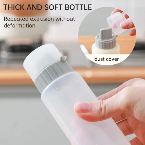 Vista 5 de Botella exprimible de salsa de 5 agujeros, botella de condimentos medibles de 5.9 fl oz con tapa a prueba de fugas, botella de plástico transparente