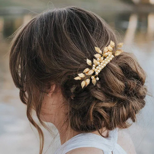 Vista 2 de inSowni Paquete de 26 peines laterales dorados para bodas y novias+horquillas en forma de U, pasadores para el cabello, pasadores de hojas, flores