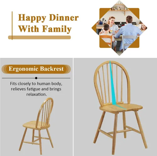 Vista 5 de POWERSTONE Juego de 2 sillas de comedor, sillas Windsor de madera con respaldo de husillo, silla de comedor de granja, silla de cocina, silla